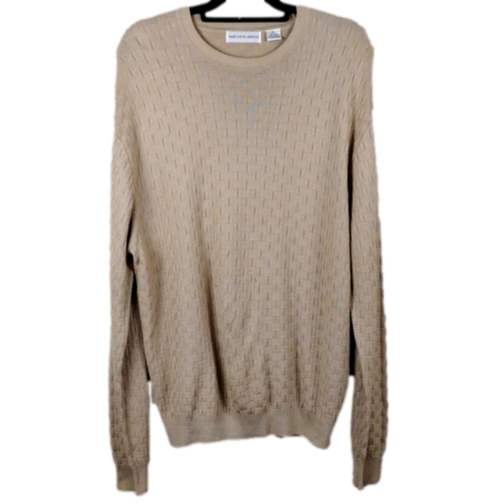 Saks Fifth Avenue 100% Silk Beige Woven Textured Crewneck Long Sleeve Sweater